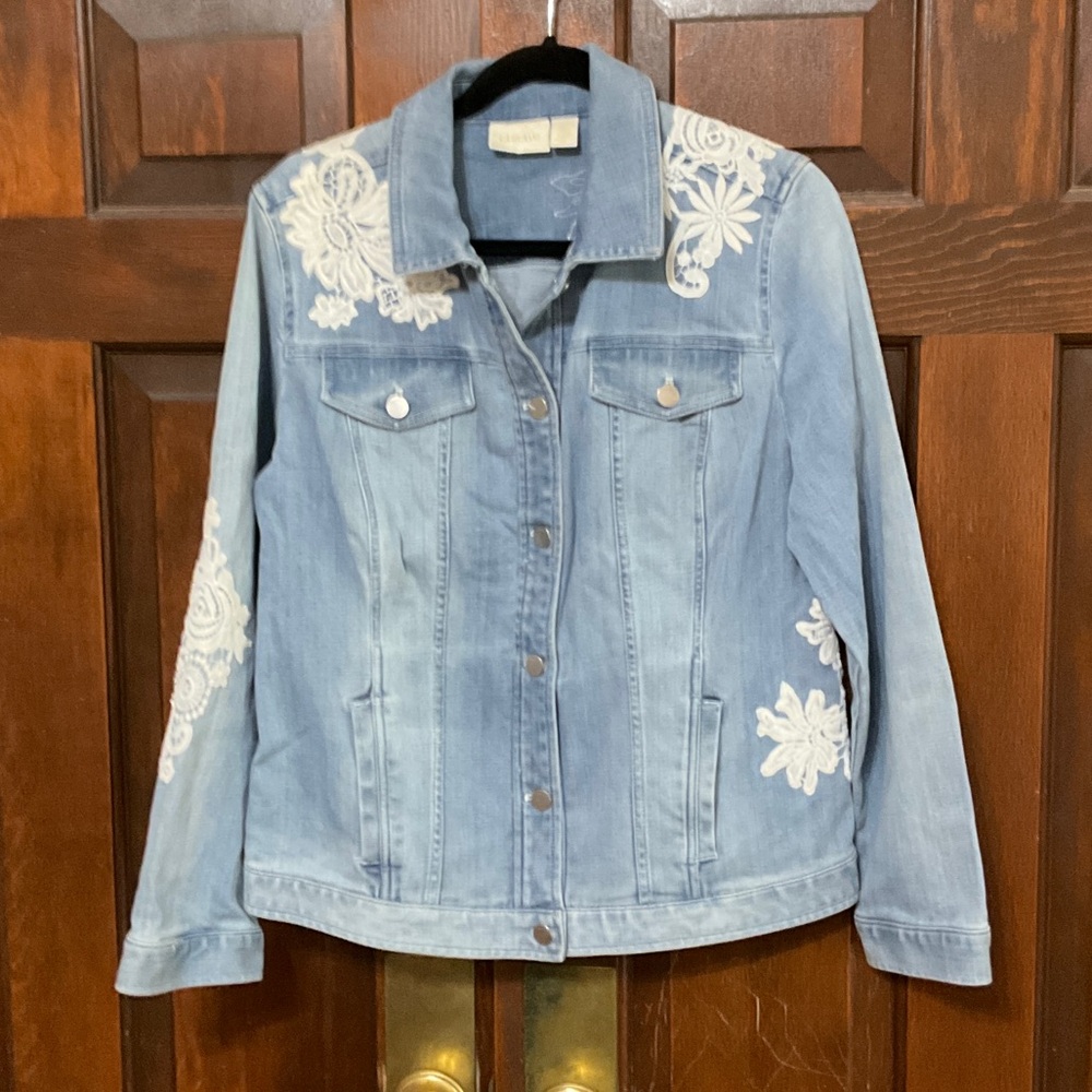 Chico's Light Blue Jean Jacket with White Embroidery